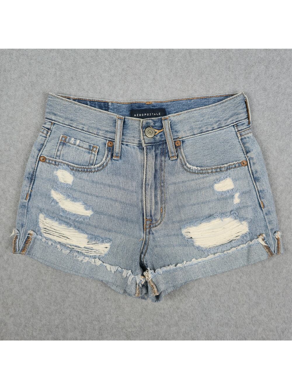 Aeropostale Size 0 Light Washed Distressed Cuffed Hem Denim Mom Shorts 26" Waist